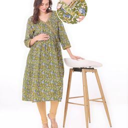 Bella Mama Viscose Woven Over Lapping Front Three Fourth Sleeves Maternity Kurta With Pocket Floral Print- Green-image-52