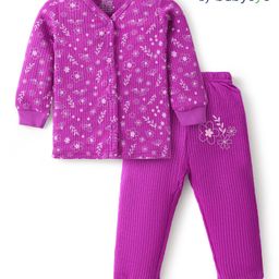 Babyoye Cotton Woven Full Sleeves Floral Printed  Thermal Vest & Pant - Purple-image-100