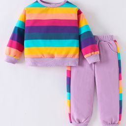Kookie Kids Full Sleeves Striped Cut & Sew T-Shirt & Lounge Pant Set - LIlac-image-46