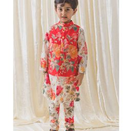 Tiber Taber Full Sleeves Floral Printed Coordinating Kurta Pyjama With Jacket - Cream-picture-31