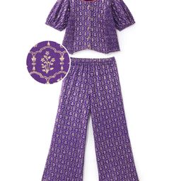 EARTHY TOUCH Single Jersey Knit Half Sleeves Floral Foil Printed Top & Palazzo Set - Purple-image-16
