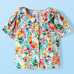 Babyhug Rayon Woven Half Sleeves Front Open Petar Pan Collar Top With Floral Print - Green Pink-image-94