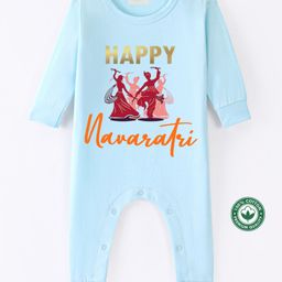BLUSHES Navaratri Theme 100% Cotton Full Sleeves Happy Navaratri Text Printed Romper - Aqua Blue-picture-28