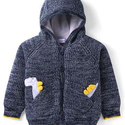 Babyhug Cotton Knit Full Raglan Sleeves Hooded Sweater with Dino Applique - Navy Blue-image-55