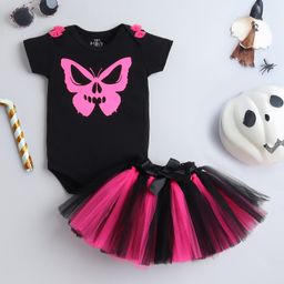 TINY MINY MEE Halloween Theme Half Sleeves Scary Butterfly Printed & Bow Applique Detailed  Onesie With Net Tutu Skirt Set - Black & Pink-image-90