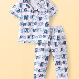 Pine Kids Single Jersey Knit Half Sleeves Night Suit with Text Print - White & Blue-picture-10