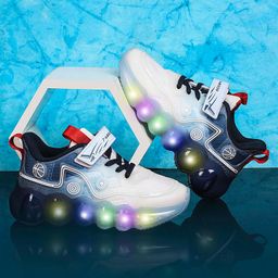 ABROS Basketball Designed Velcro Closure LED Shoes - White & Navy Blue-image-75