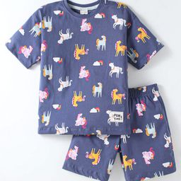 CUCUMBER Sinker Knit Half Sleeves Shorts Night Suit With Unicorn Print - Navy Blue-image-96