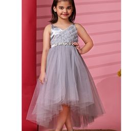 Toy Balloon Kids Net Sleeveless Shimmered Floral Applique & Frill Detailed Dress - Grey-image-8