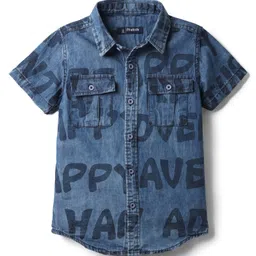 Pine Kids Denim Woven Half Sleeves Washed Shirt With Text Print - Blue-picture-14