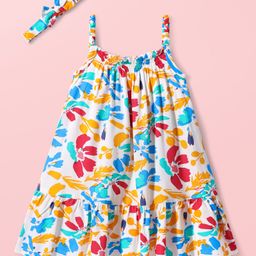 Babyhug Rayon Woven Sleeveless Tiered Frock with Headband & Floral Print - White-image-101