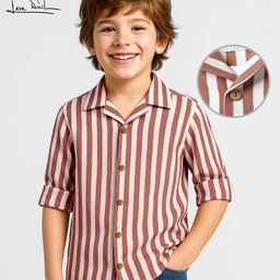 Arias Woven Full Sleeves Resort Collar Striped Shirt - Rust Orange-image-77