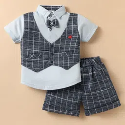 Mini Taurus Cotton Knit Half Sleeves T-Shirt & Shorts With Attached Waistcoat & Bow Applique - Light Blue-picture-33