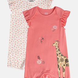 MINI KLUB Cotton Pack Of 2 Frill Sleeves Giraffe & Floral Printed Rompers - Pink & White-image-53
