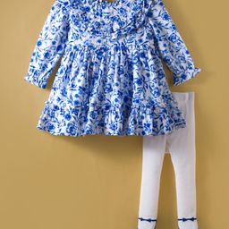 ToffyHouse 100% Woven Cotton Yarn Dyed Full Sleeves Frill Detailed Floral Printed Frock With Stocking - White & Navy Blue-picture-17