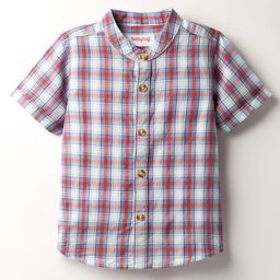 Babyhug 100% Cotton Half Sleeves Checks Shirt With Mandarin Collar - Red-image-3