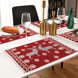 ANA 4Pcs Red & White Jacquard Woven Christmas Deer Table Placemats-7