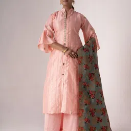 ODETTE Striped Embroidered Gotta Patti Tusser Silk Lace Work Semi-Stitched Dress Material-image-11