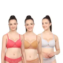 AROUSY Pink & Grey Lace Work Bras & Panties Set - Pack Of 3-image-12