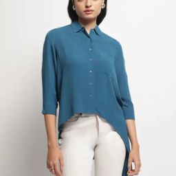 Strong & Brave Teal Rayon Solid Casual Shirt-image-2