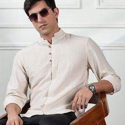HERE&NOW Men Mandarin Collar Solid Cotton Casual Shirt-image-99