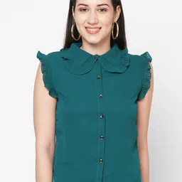 MISH Women Teal Peter Pan Collar Ruffles Georgette Shirt Style Top-image-2