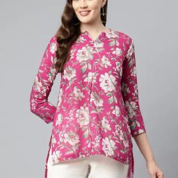 One Femme Pink Floral Print High Low Kurti-picture-30