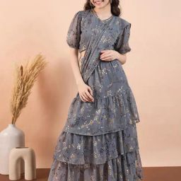 StyloBug Girls Grey Printed Lahnga Choli-image-10