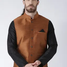 DEYANN Men Copper-Coloured Solid Woven Dupion Silk Nehru Jacket-23