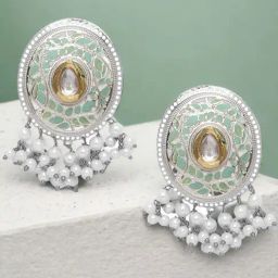 OOMPH Mint Green Meenakari and Kundan Large Oval Shape Drop Earrings-image-76