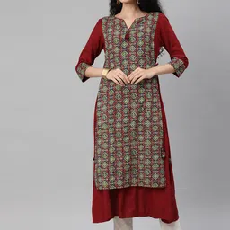 flaher Women Maroon & Green Printed A-Line Kurta-image-60