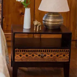 Fabindia Home Brown Mango Wood Textured Bedside Table with Drawer-image-5