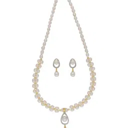 Sri Jagdamba Pearls Badarika 1 Line White Pearl & CZ Necklace Set-19