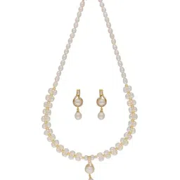 Sri Jagdamba Pearls Dharti 1 Line White Pearl & CZ Necklace Set-24