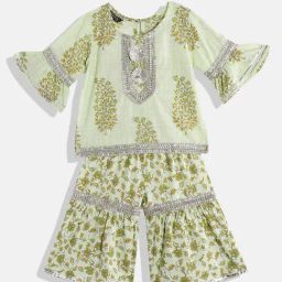 READIPRINT FASHIONS Kids Green Floral Print Kurta with Sharara-image-66