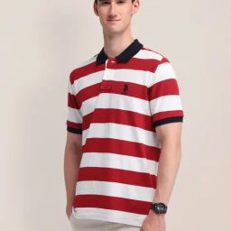 U.S.Polo Assn. Red Cotton Slim Fit Striped Polo T-Shirt-image-3