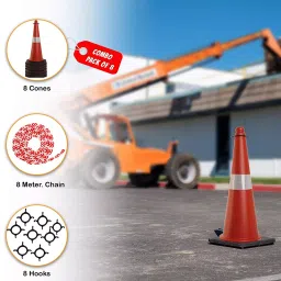 Ladwa Road Traffic Cone With 8 mtr Chain And 8 Hooks Safety Cone With Reflective Strips Collar, (Pack Of 8 Pcs) image 2