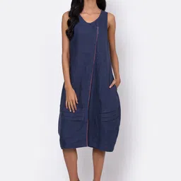 ROOTED Women Navy Blue Self-Design A-Line Dress-image-26