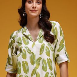 HERE&NOW Conversational Print Notched Neck Roll Up Sleeves Top-picture-33