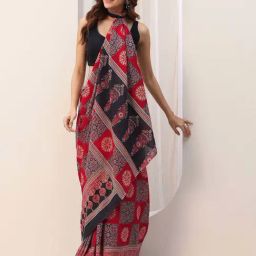 Libas Red Ajrakh Pattern Saree with Unstitched Blouse image 4