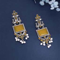 Brado Jewellery Silver-Plated Stones Studded and Pearls Beaded Square Shaped Drop Earrings-24