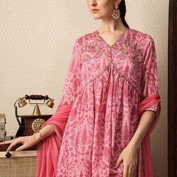 House of Pataudi Floral Printed Sequinned Gathered Jashn Kurti With Sharara & Dupatta-image-67