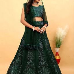 ODETTE Embroidered Sequinned Net Semi-Stitched Lehenga & Unstitched Blouse With Dupatta image 3