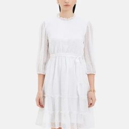 Kazo White Self Design Tiered A Line Dress-picture-16