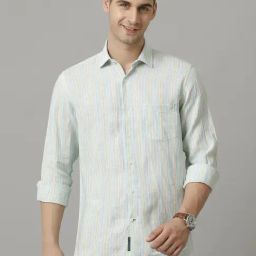 Linen Club Green Linen Contemporary Fit Striped Shirt-image-47