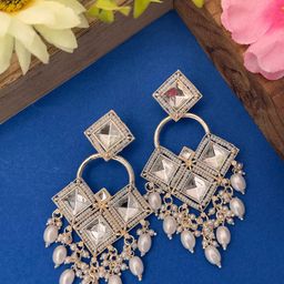 Dhivara Gold-Plated Artificial Stones Studded & Beaded Contemporary Shaped Drop Earrings-image-67