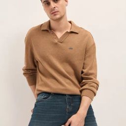 The Bear House Beige Cotton Relaxed fit Solid Polo Shirt-image-79