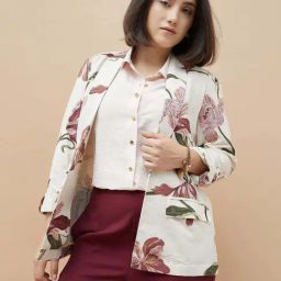 Code By Lifestyle Light Beige Regular Fit Floral Print Blazer-image-13