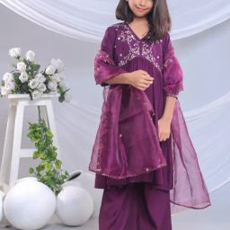 Misbis Girls Wine Comfort Fit Embroidered Kurta Set-image-59