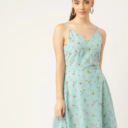 DODO & MOA Blue & Olive Green Floral Printed Crepe A-Line Dress-image-48
